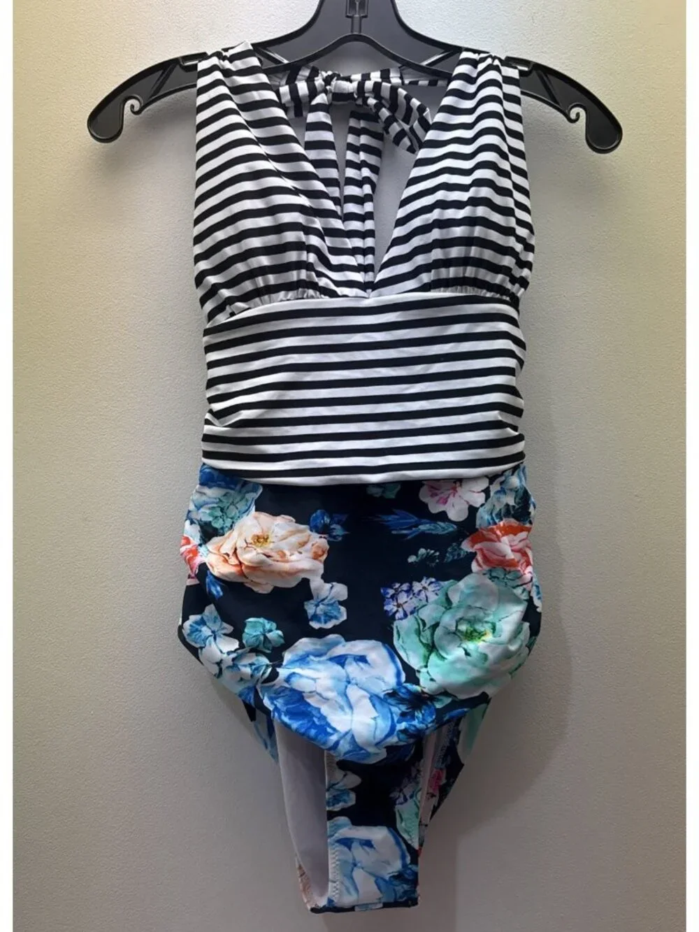 CUPSHE One Piece Halter Top Floral/Stripes Swim Suit NWT
